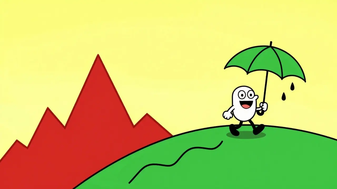 Smooth DCA path vs jagged lump-sum risk in cartoon style
