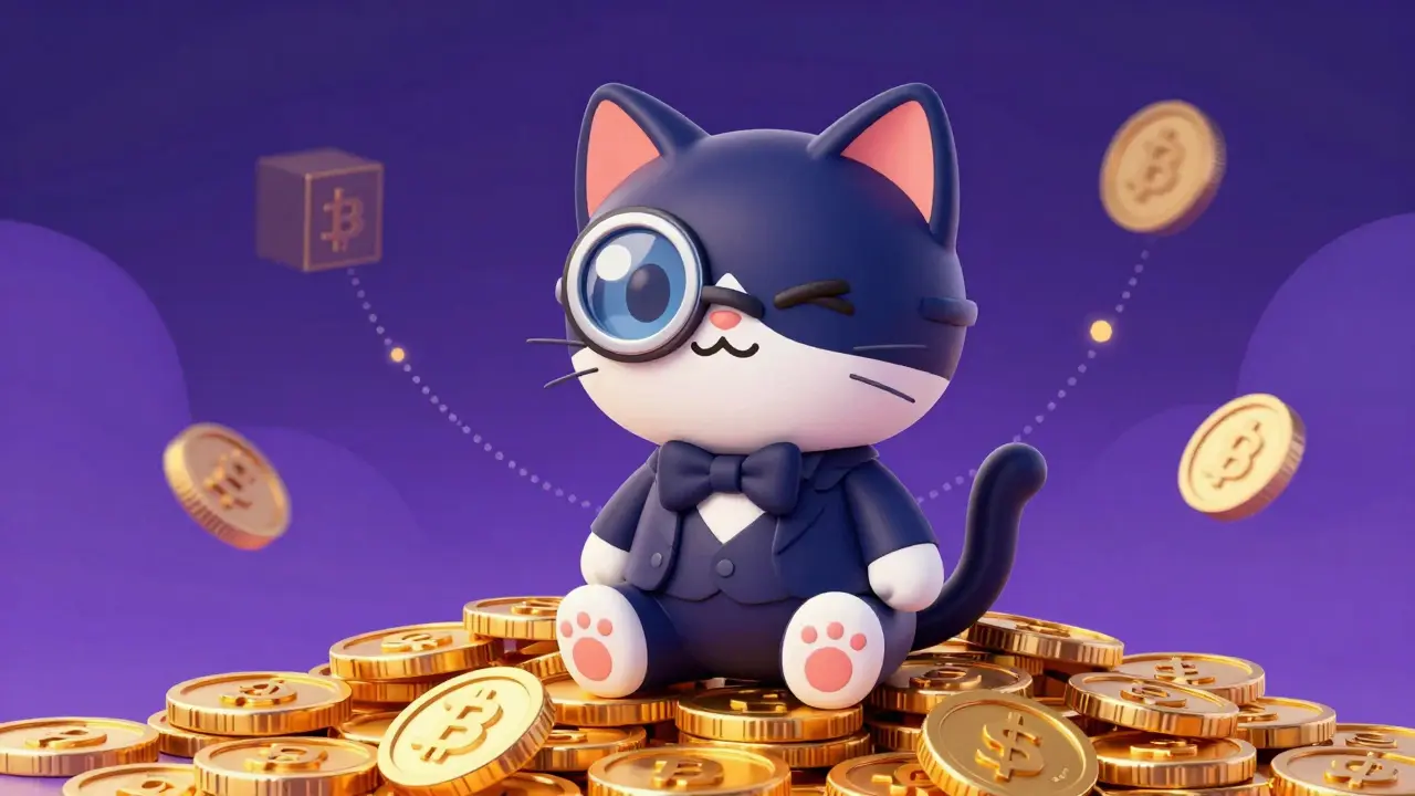 Sophisticated cartoon cat NFT sitting on gold coins