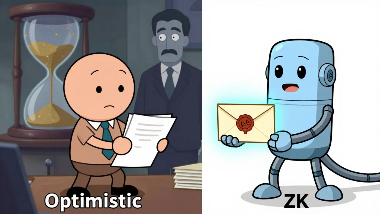 Split screen cartoon comparing trust-based Optimistic rollups with math-proven ZK rollups