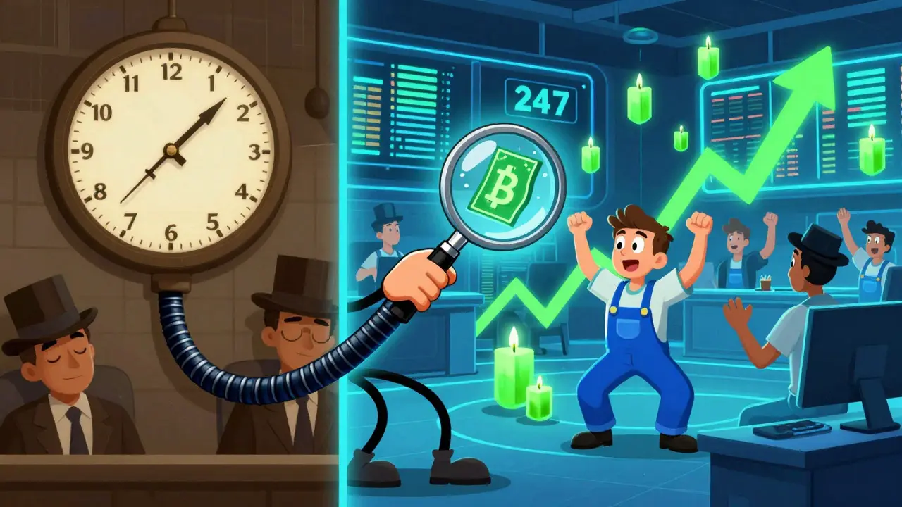 Split screen showing closed stock market vs active 24/7 crypto trading floor.