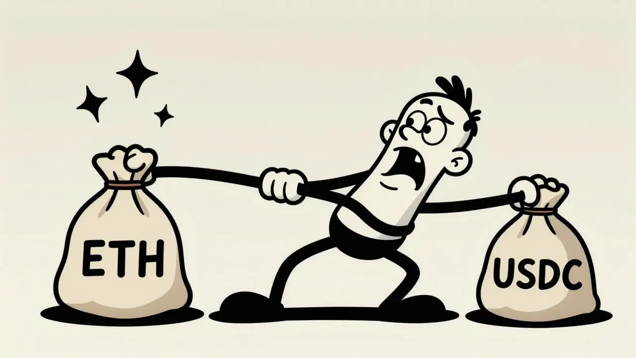 Stretching cartoon character pulled by volatile asset bags