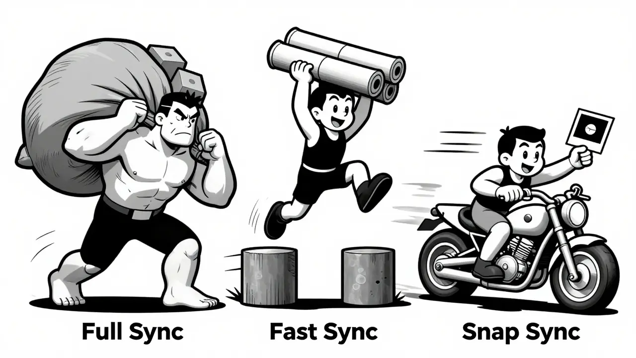 Three cartoon characters representing full, fast, and snap sync methods