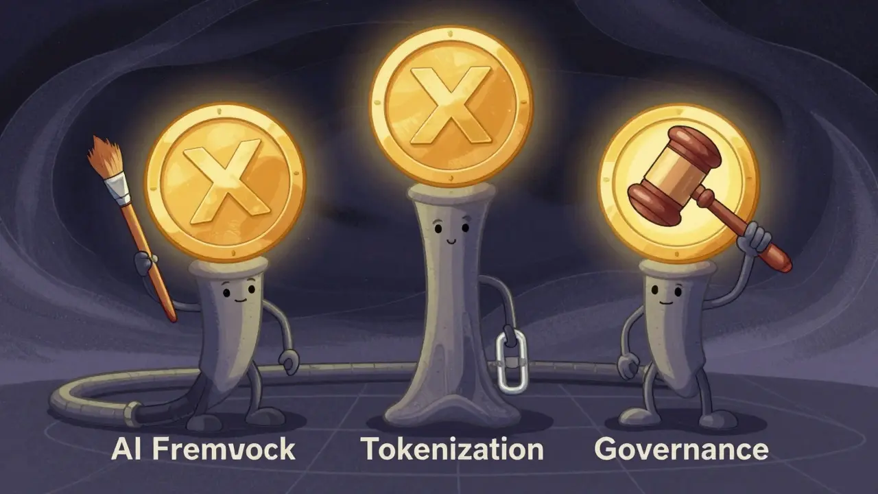 Three cartoon pillars supporting a crypto coin in 1920s animation style