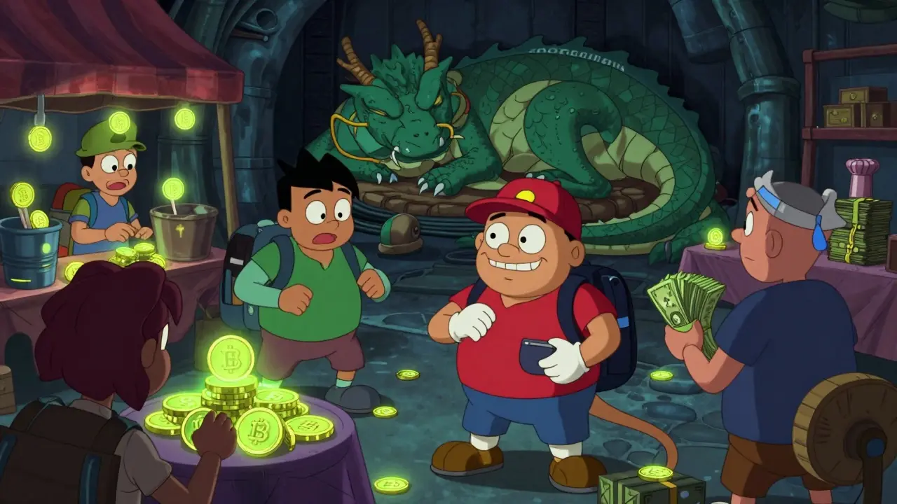 Underground market trading crypto while an enforcement dragon sleeps.