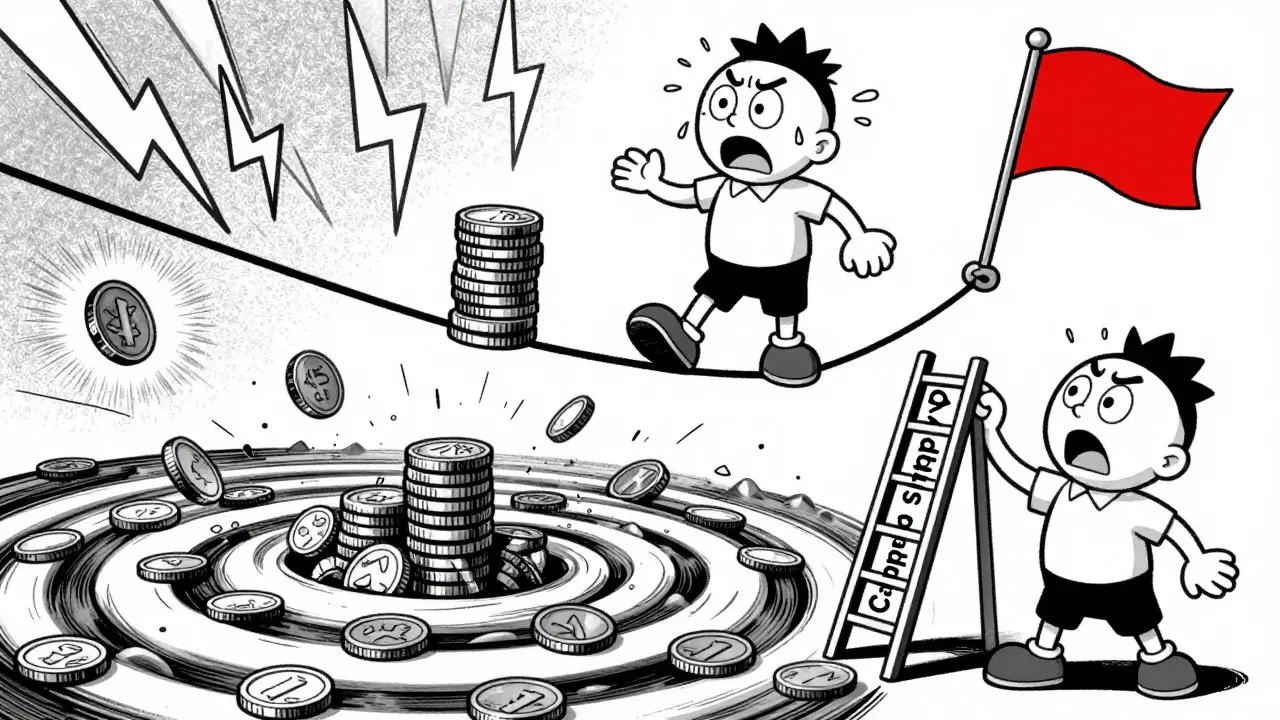 Vintage cartoon figure balancing on a tightrope between capped supply and inflation risks.