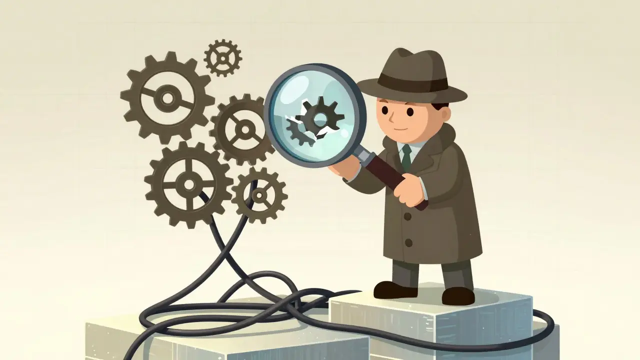 A cartoon detective inspects a broken gear mechanism through a magnifying glass.