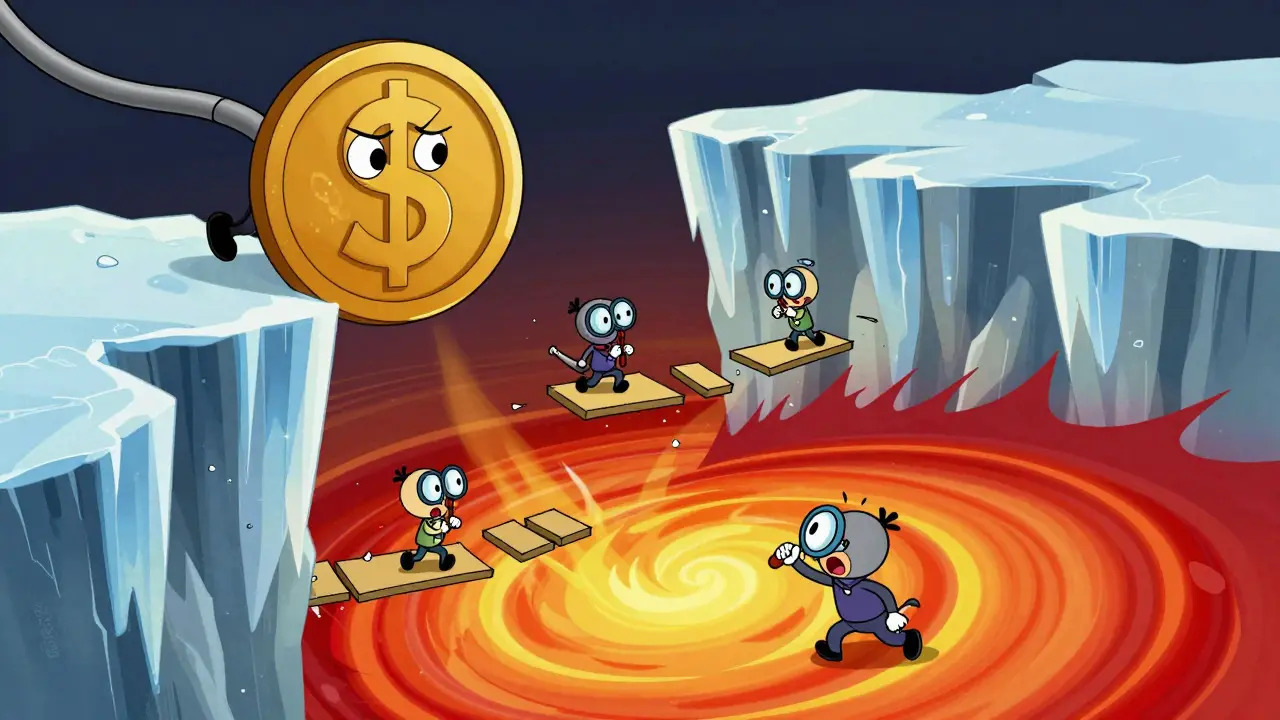 A worried dollar coin slipping off a cliff into a chaotic vortex.