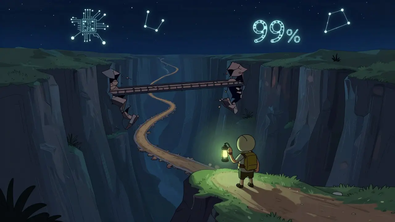An explorer holding a lantern at the edge of a dark digital canyon