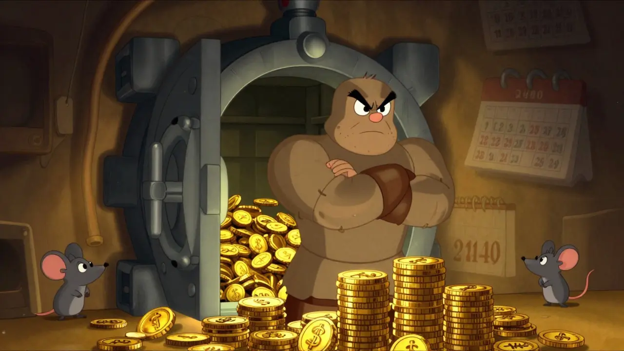 Armored vault character guarding a pile of gold coins