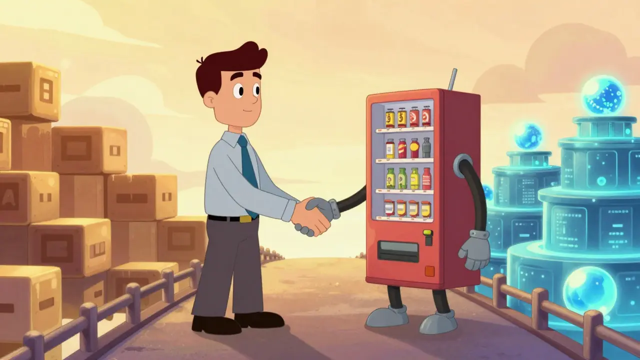 Broker and robot shaking hands on a bridge between markets