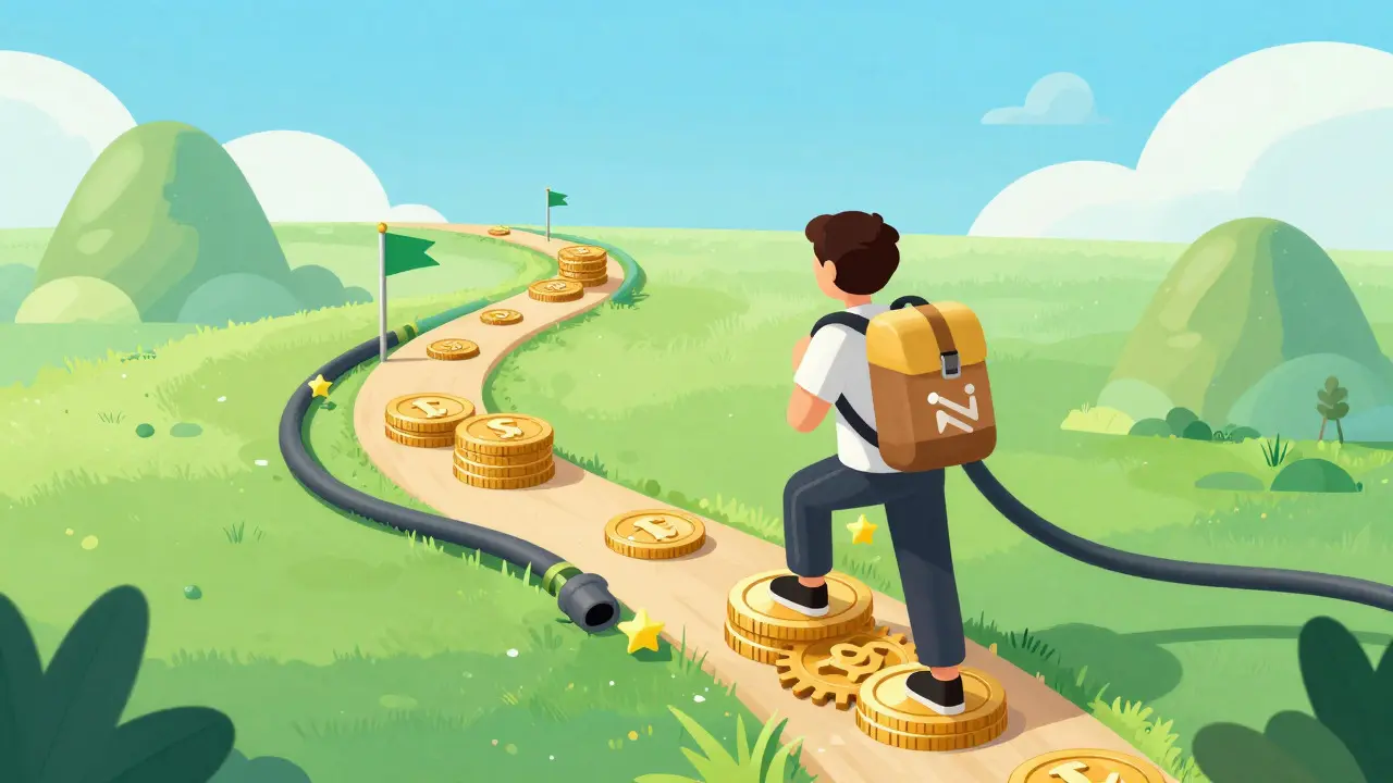 Cartoon character climbing a path of coins representing long-term rewards
