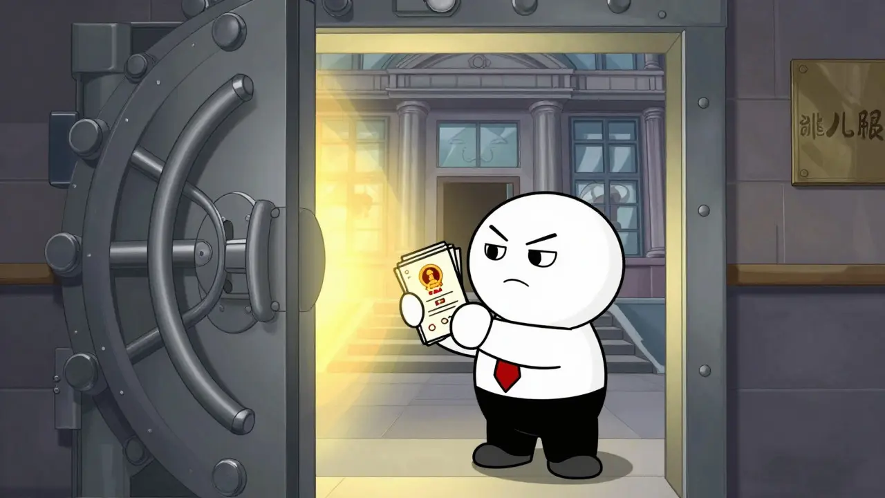 Cartoon character presenting credentials to open a glowing bank vault door