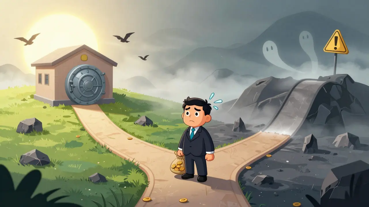 Cartoon investor at a crossroads choosing between safe and risky paths