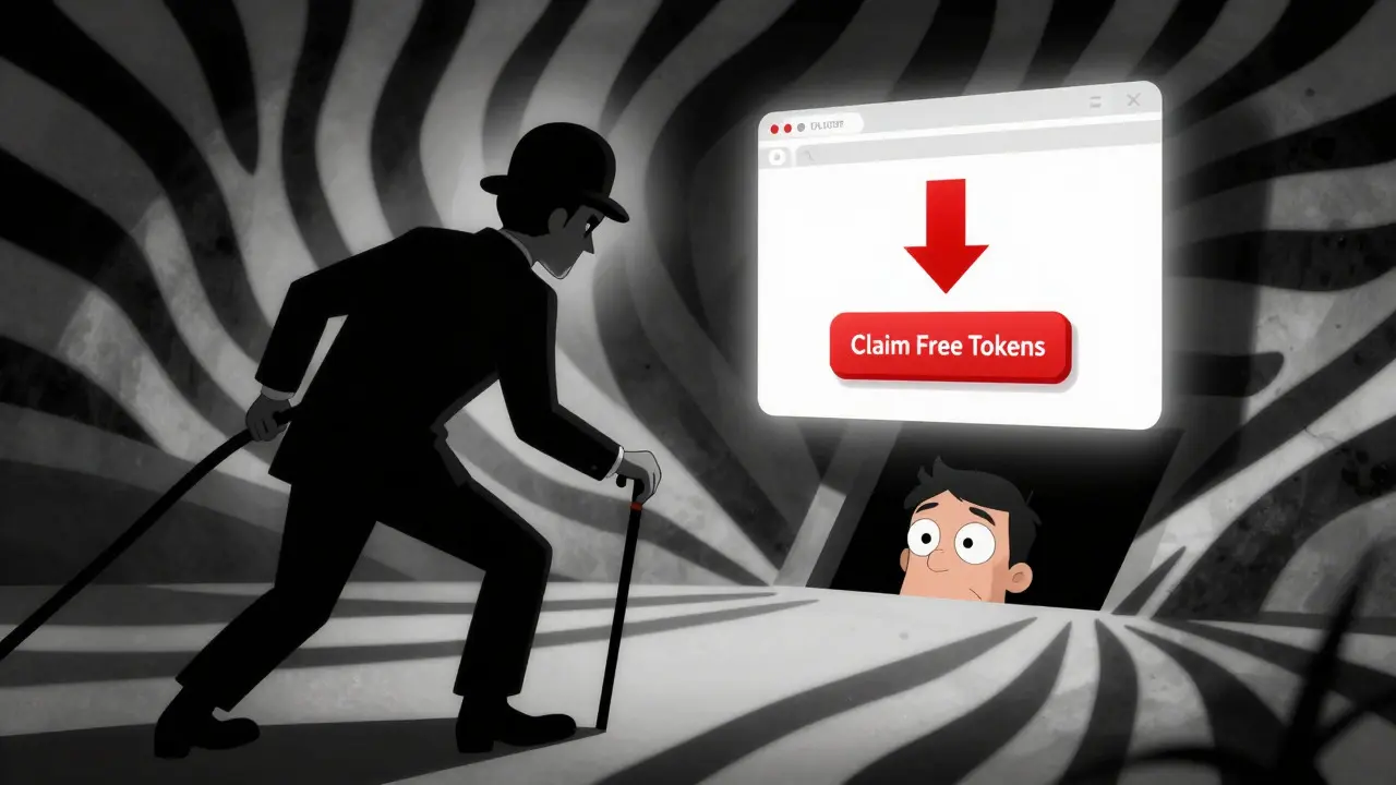 Cartoon scammer luring victim to fake airdrop trapdoor