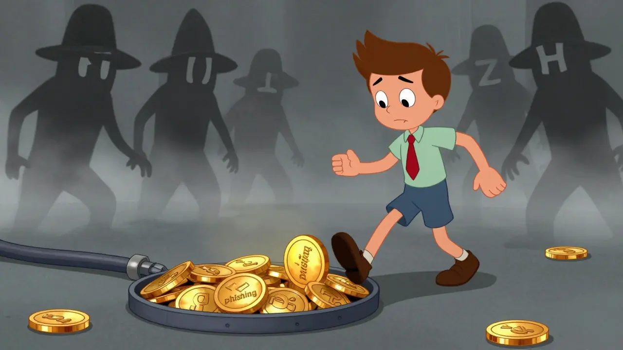Cartoon user approaching a deceptive golden coin trap in the mist