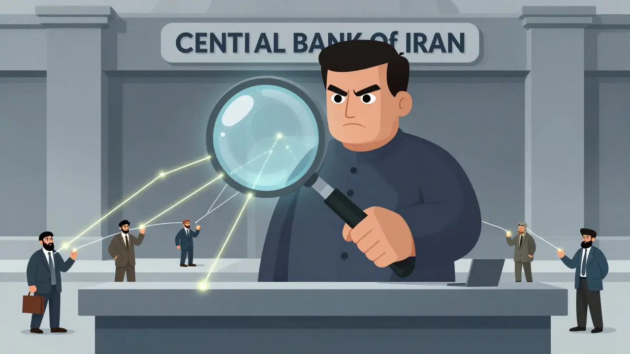 Central bank figure surveilling traders with a magnifying glass