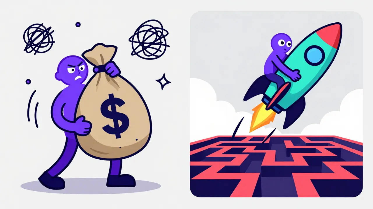 Characters navigating financial restrictions vs decentralized freedom
