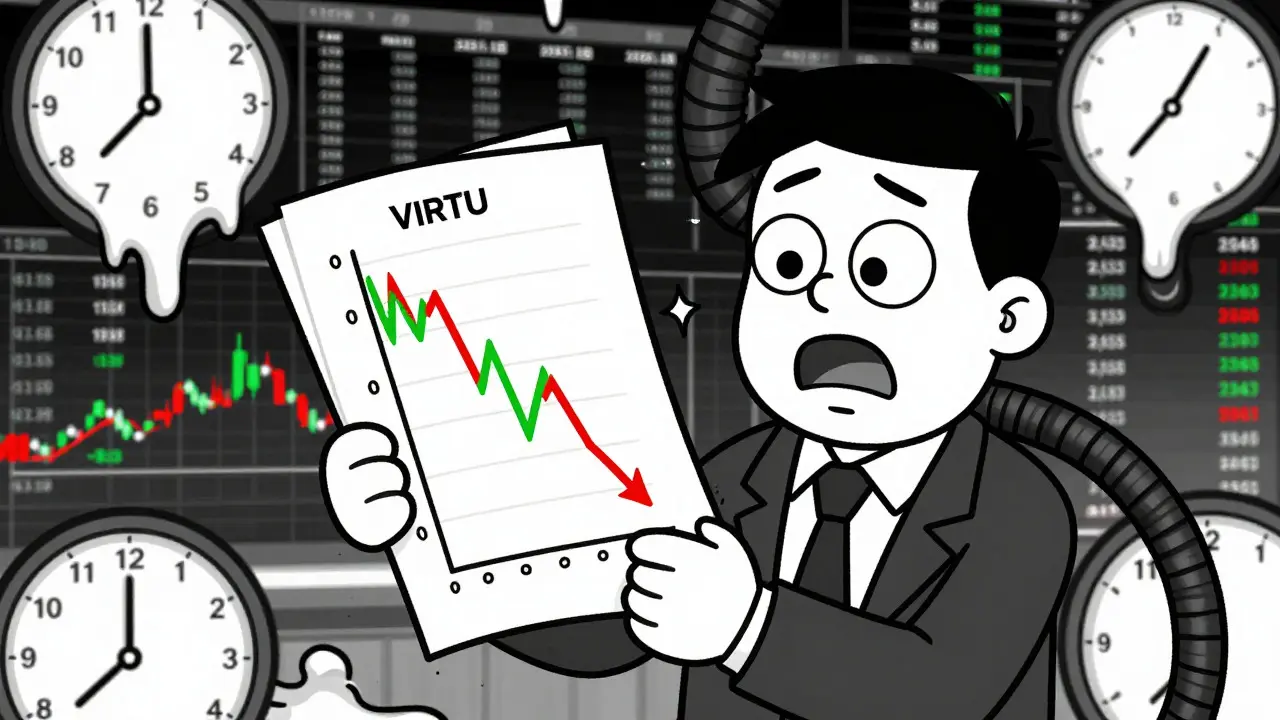 Confused cartoon investor holding conflicting crypto price charts in retro style