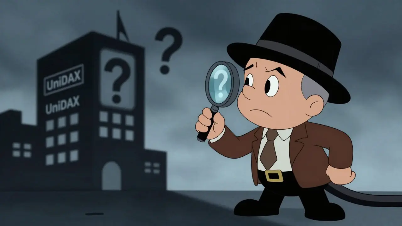 Detective investigating shadowy crypto exchange building