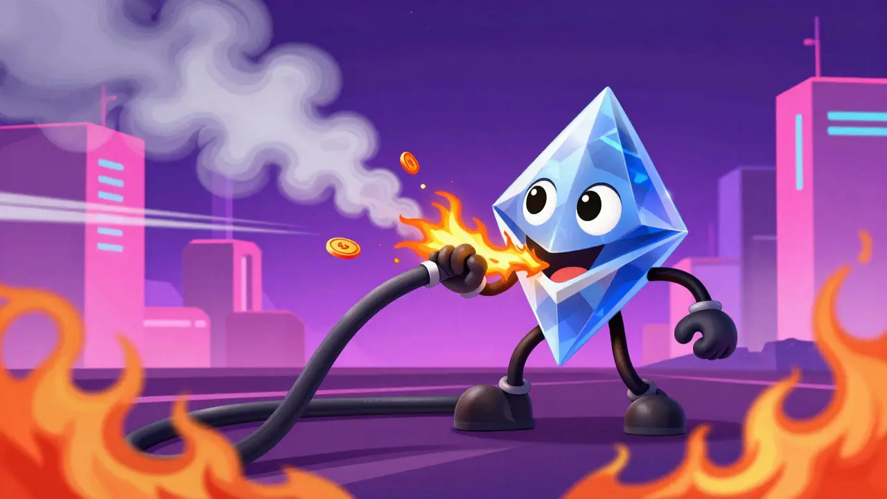 Diamond character eating fiery sparks in a neon city background