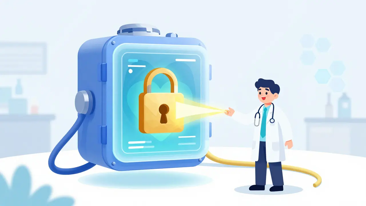 Doctor unlocking a glowing digital vault containing a heart icon