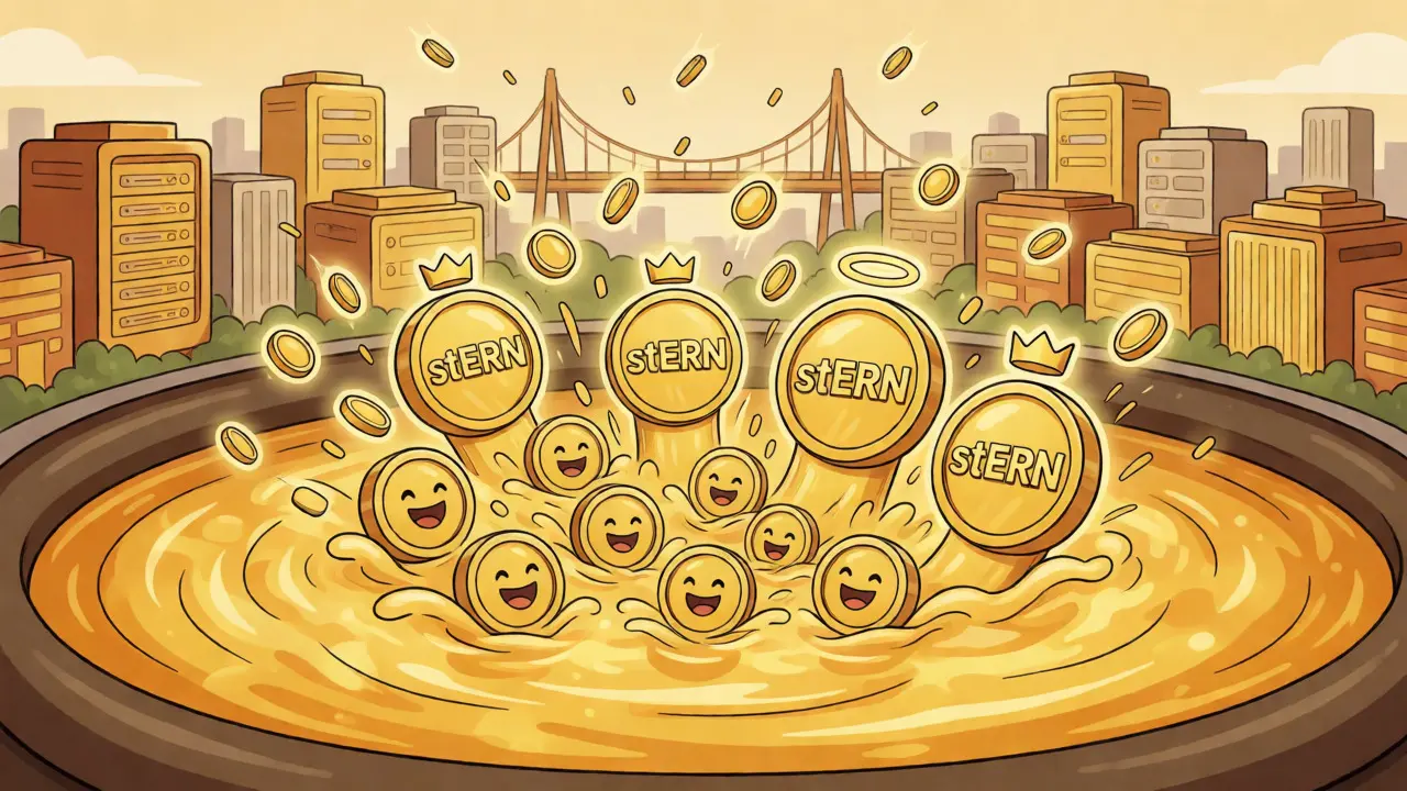ERN tokens diving into a golden pool to become rewarded stERN tokens.