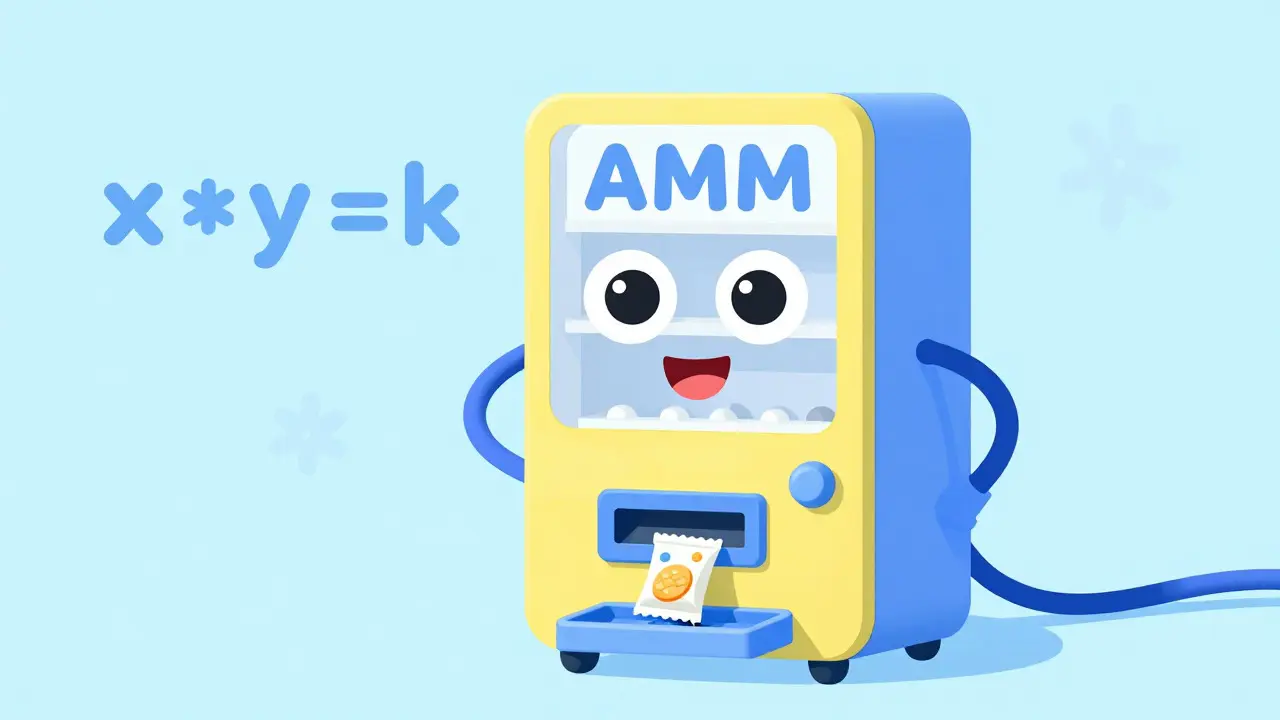 Friendly vending machine dispensing snacks with math symbols