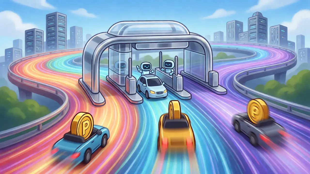 Futuristic toll booth on a fast-moving multi-lane blockchain highway