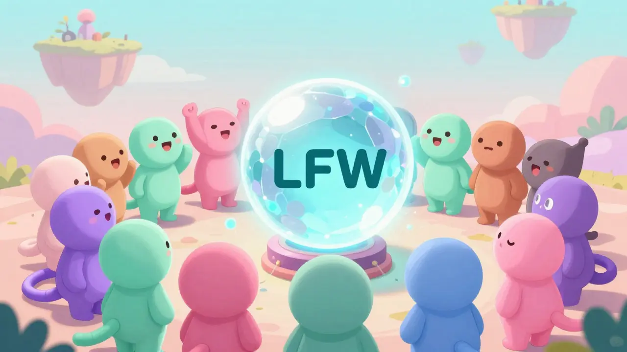 Group of cartoon characters gathering around a glowing crystal orb in a whimsical landscape