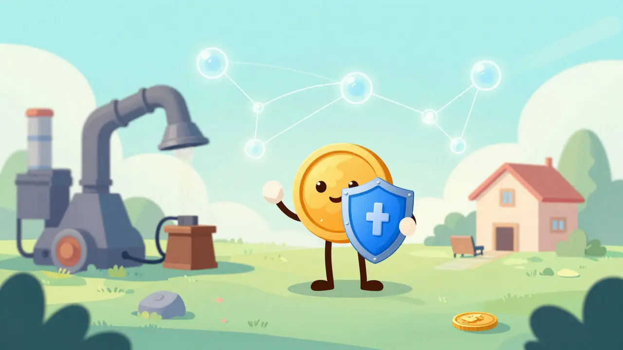 Illustration of a friendly coin character in a calm, low-energy digital space representing staking