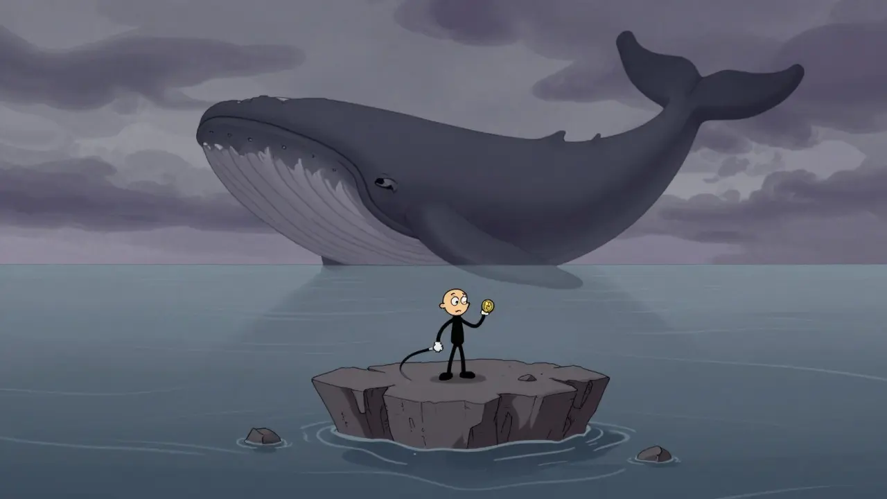 Lonely cartoon figure on a small island facing a giant shadowy whale
