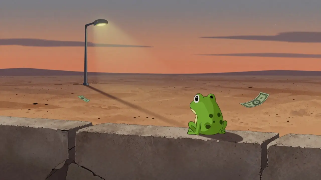 Lonely cartoon frog standing in an empty desert under a flickering light