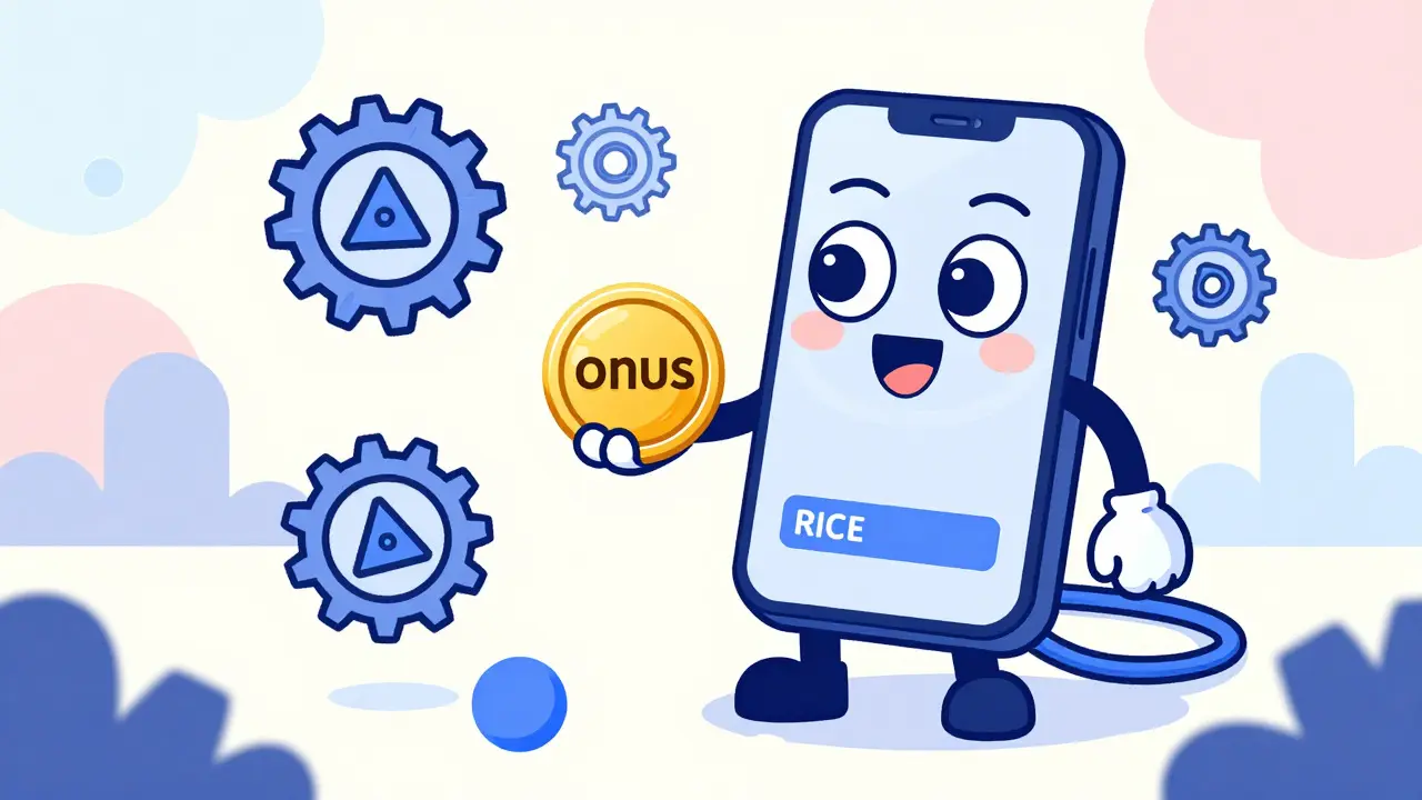 Lucky winner receiving token from anthropomorphic RICE Wallet app