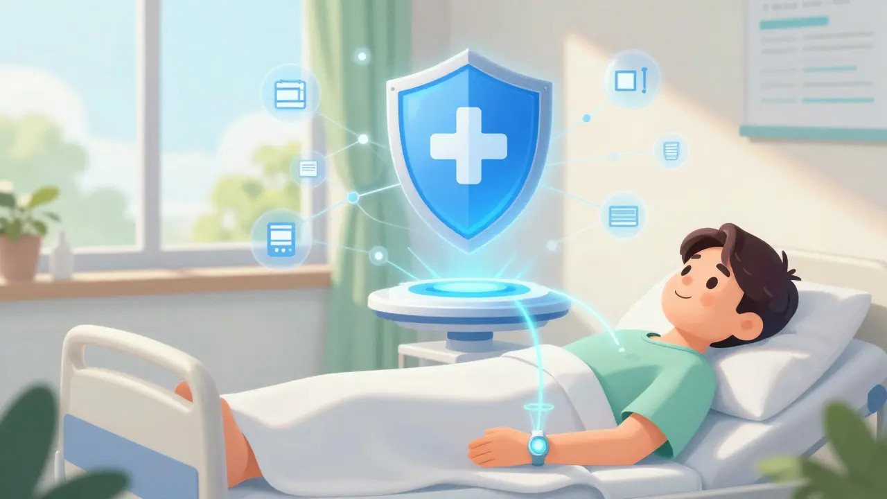 Patient connected to a central shield via glowing waves from a wristband
