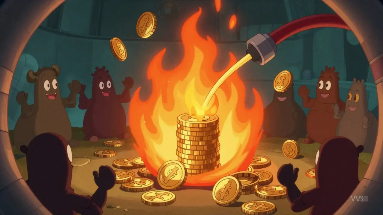 Retro animation of coins burning in a vortex, symbolizing token burns