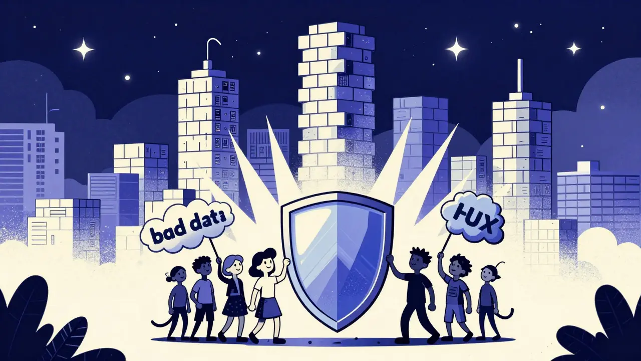 Retro cartoon community protecting a blockchain city with a shield.