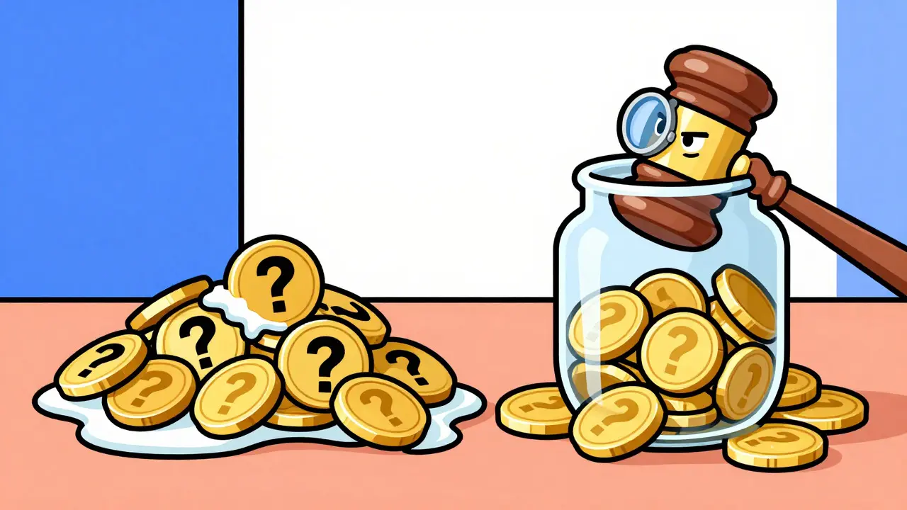 Rubber hose animation of regulated coins vs chaotic tokens with a gavel guardian