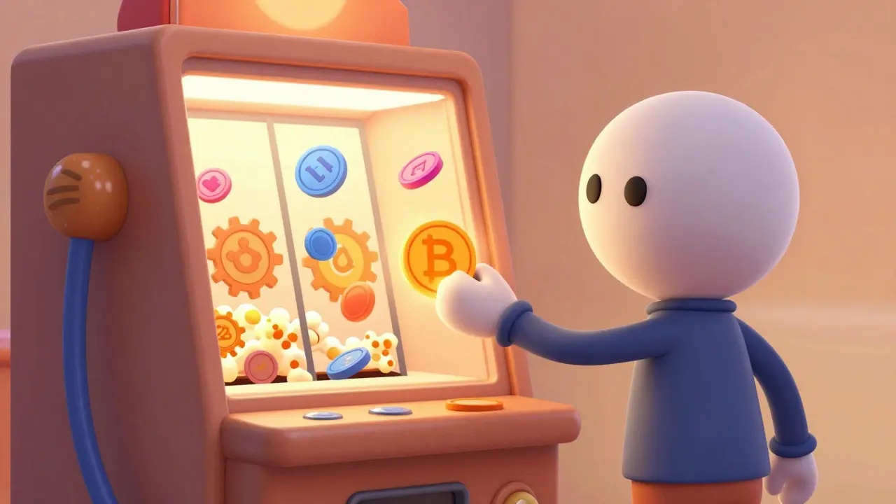 Rubber hose character using a machine to swap colorful tokens