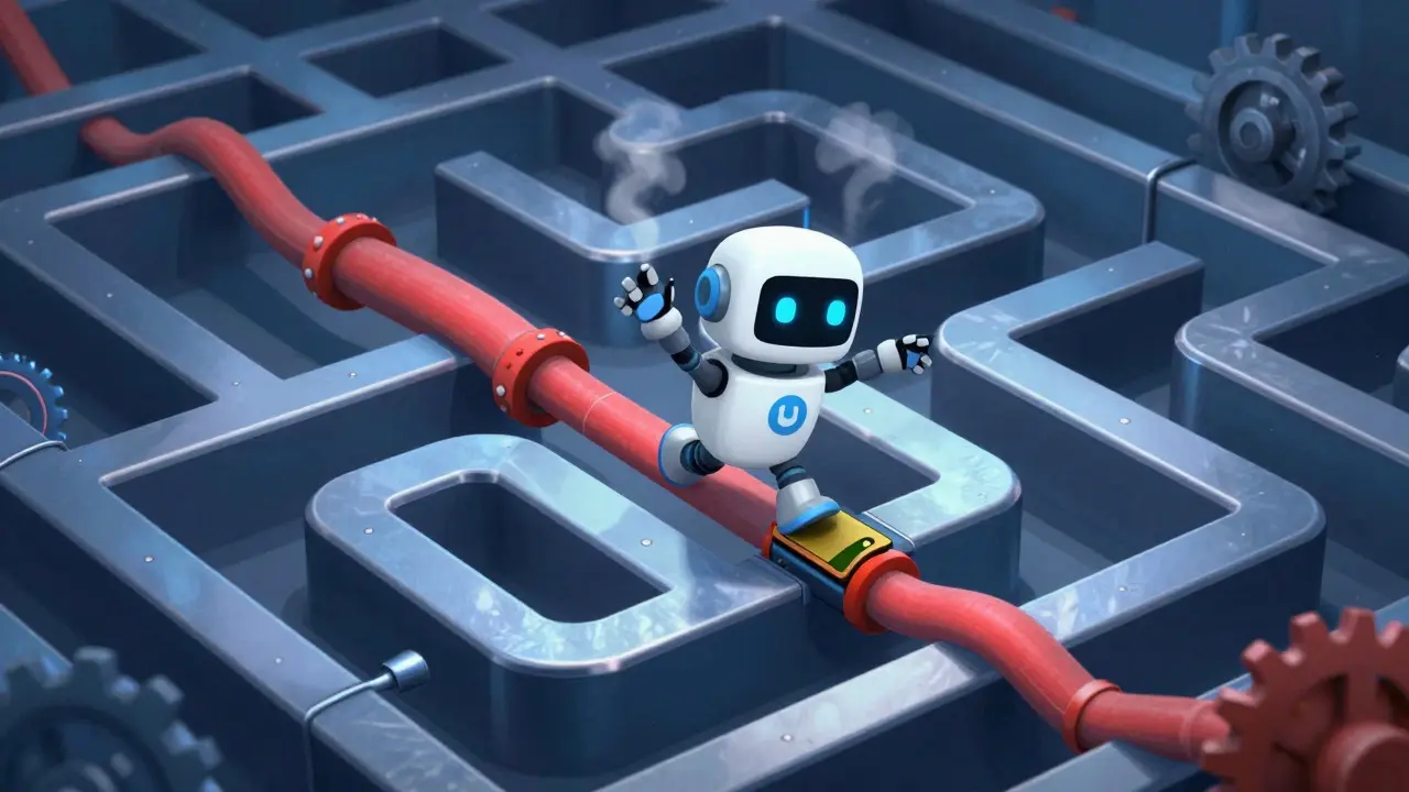 Rubber hose robot navigating a mechanical maze representing web3 connection