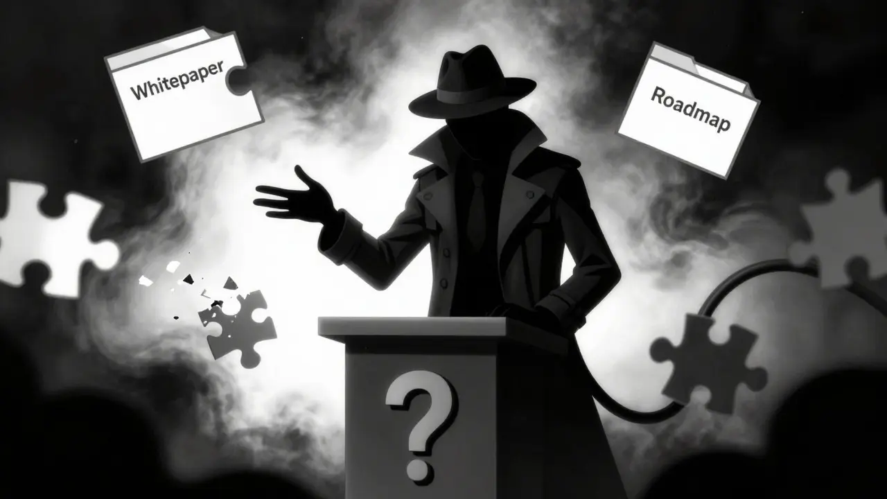 Shadowy anonymous figure with missing project documents in rubber hose style