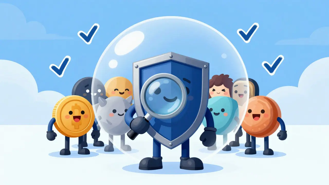 Smiling cartoon shield protecting group of coin characters