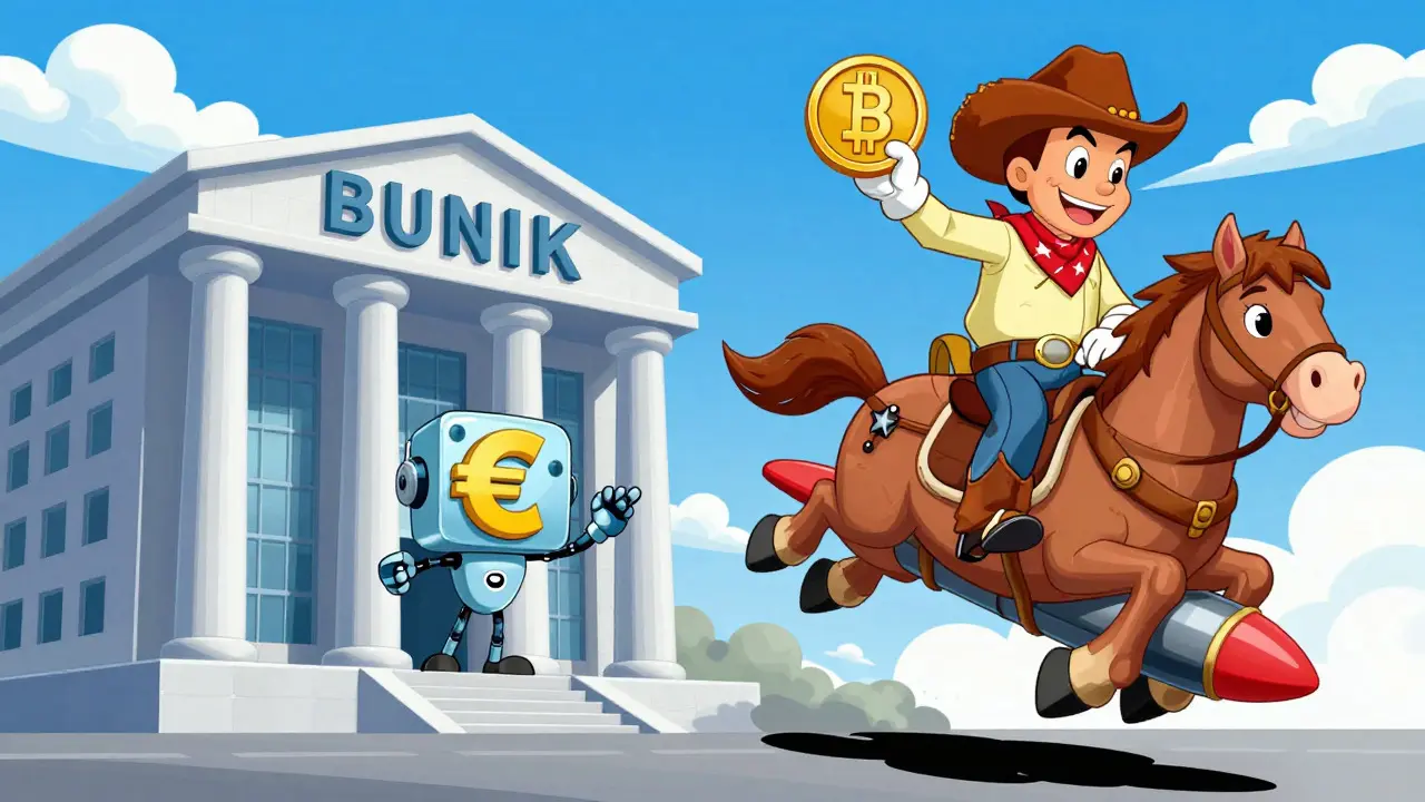 Split cartoon scene contrasting European bank robot with American cowboy on rocket