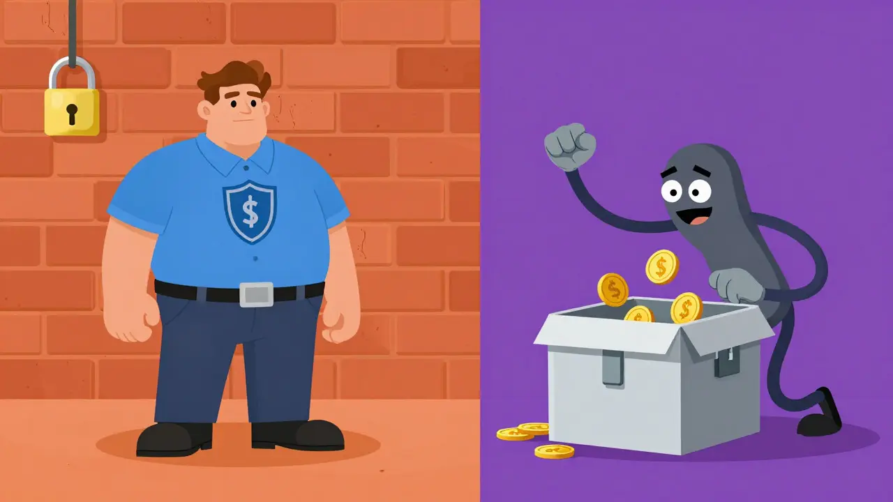 Split scene comparing secure brick wall vs flimsy box in rubber hose style