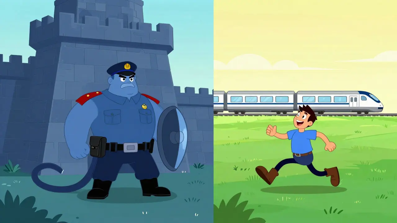 Split view of a strict fortress versus an open field representing different state licensing paths