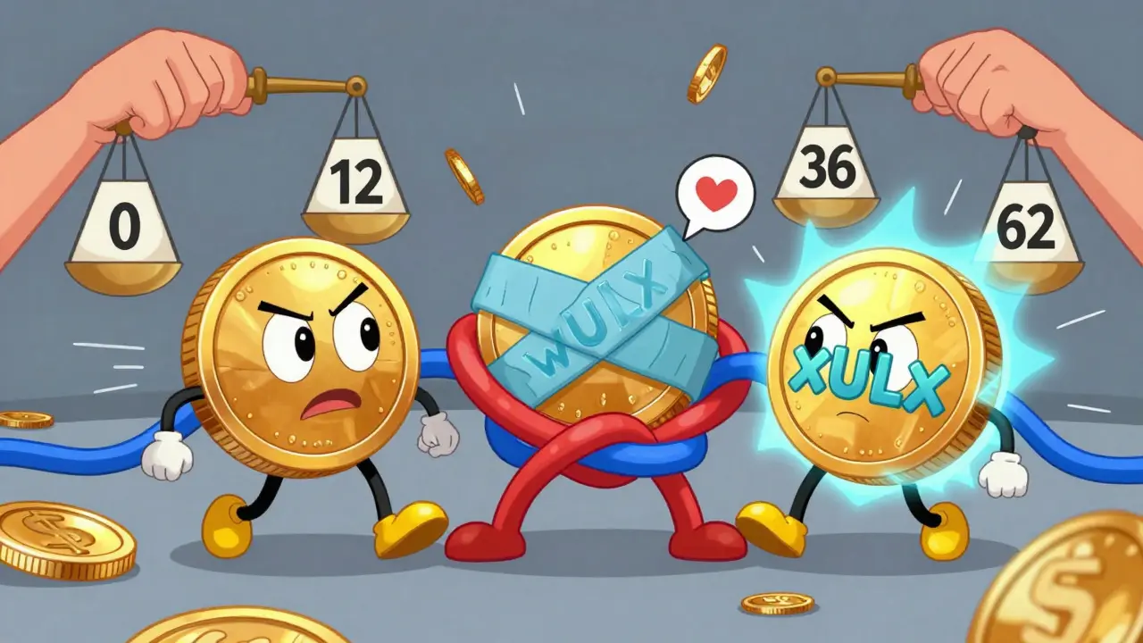 Three confused coin characters tangled in strings representing tokenomics issues