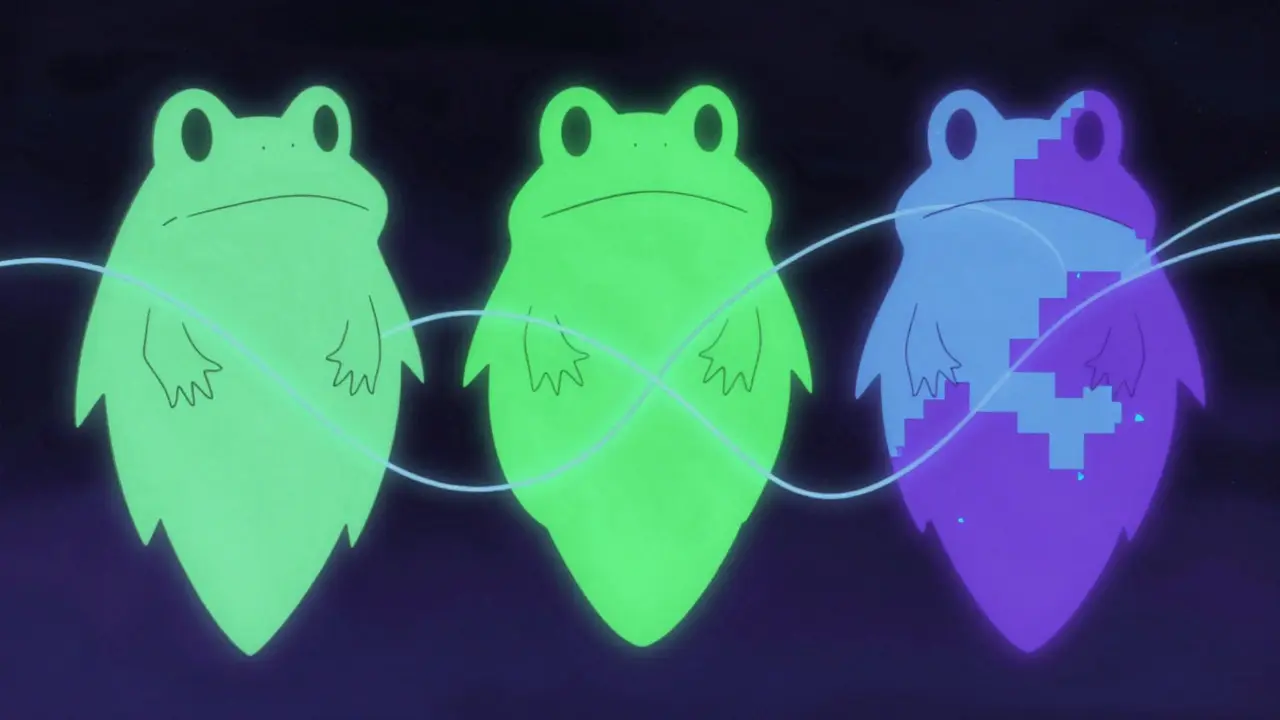 Three ghostly frog outlines tangled together in a dark digital void