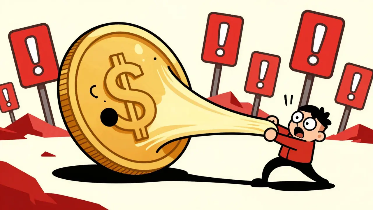 Two cartoon figures struggle to stretch a giant golden coin, symbolizing unstable financial yields.