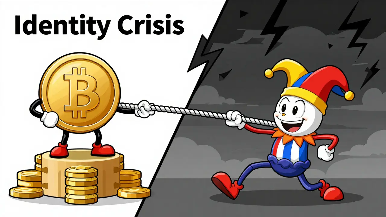 Two coin characters pulling a rope in a tug-of-war over stability.