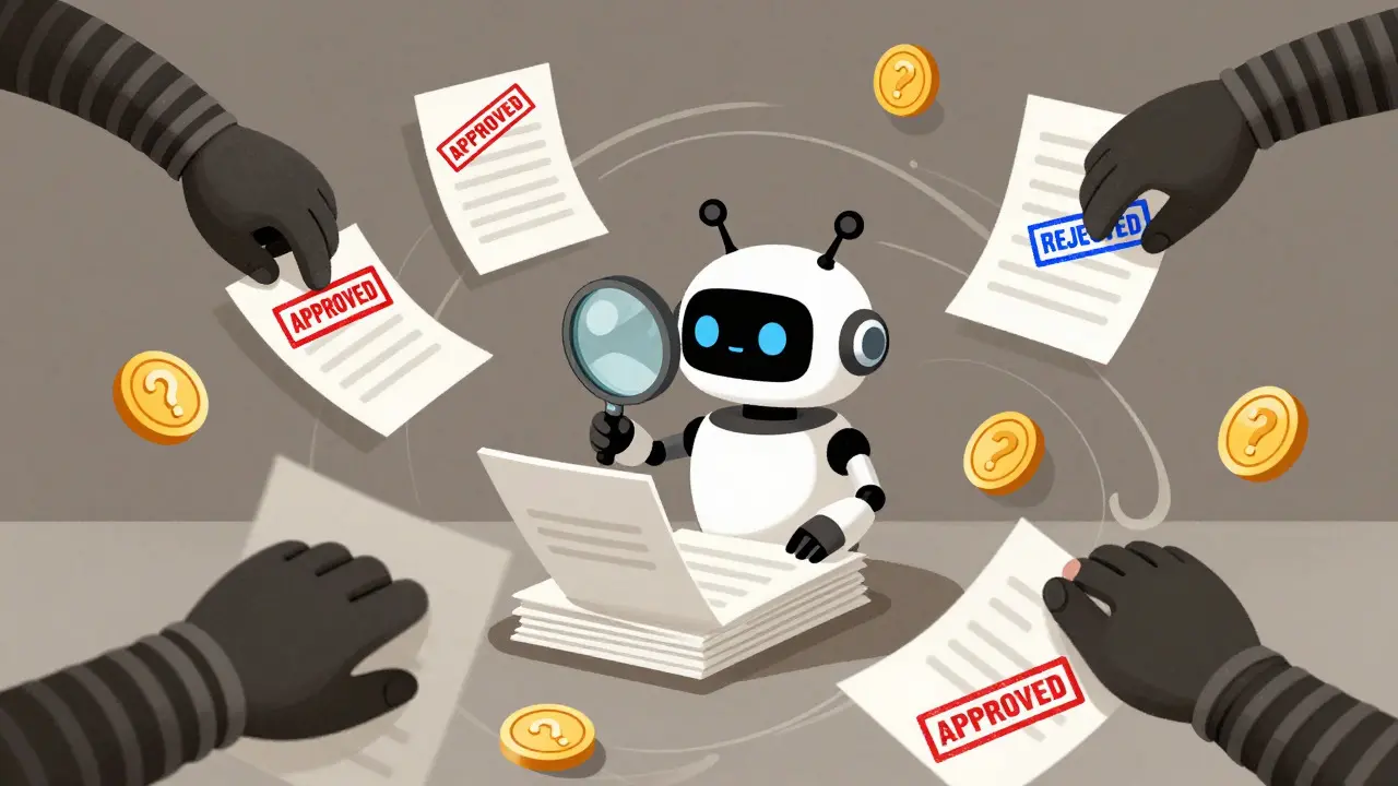 Vintage animated robot validating tasks with floating coins and stamps.