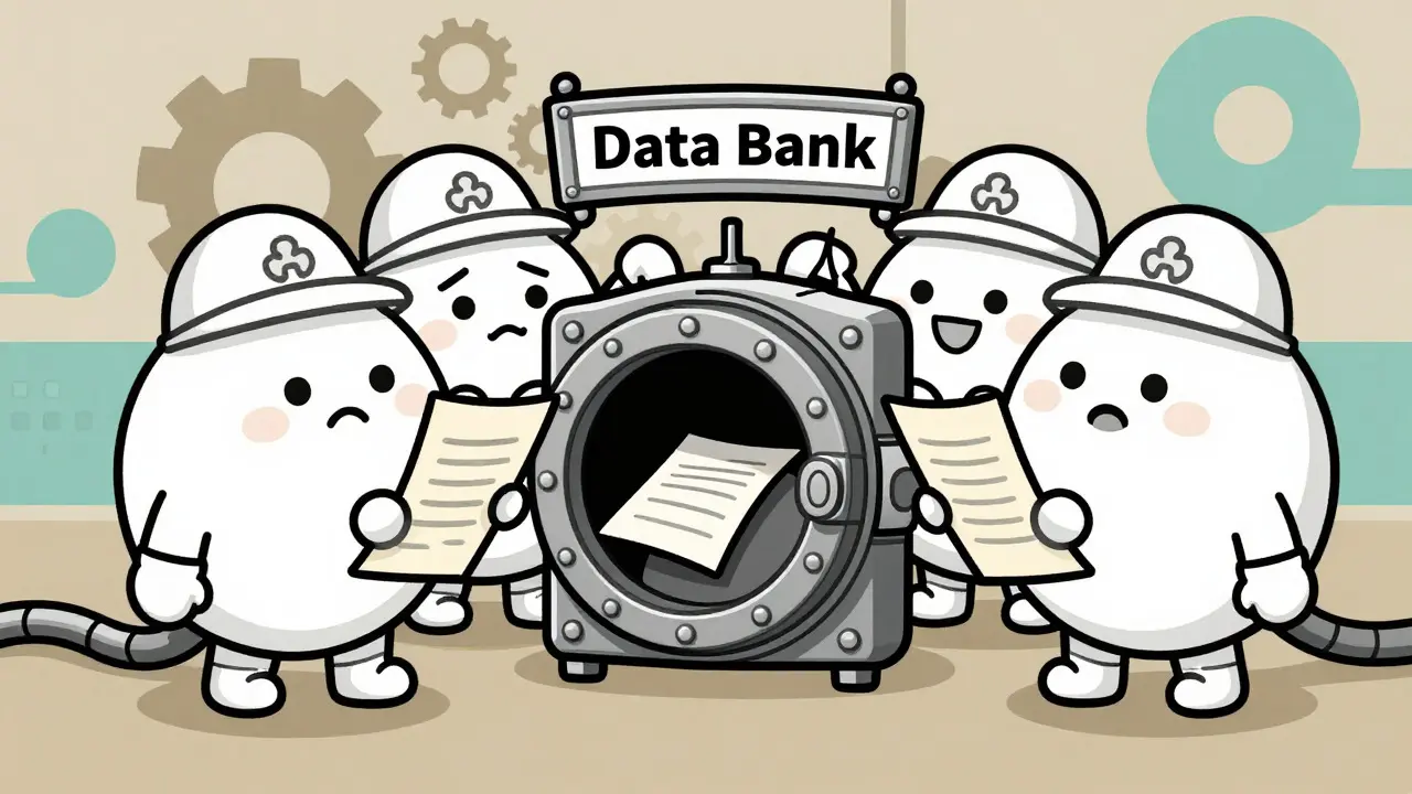 Vintage cartoon miners submitting data to a central vault